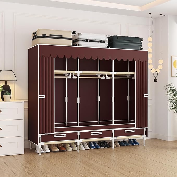 Portable Wardrobe Closet Durable and Easy to Assemble Heavy Duty Clothes Rack with Non-Woven Cover Fabric Best for Bedroom and Easy Storage and Organization (Red-A)