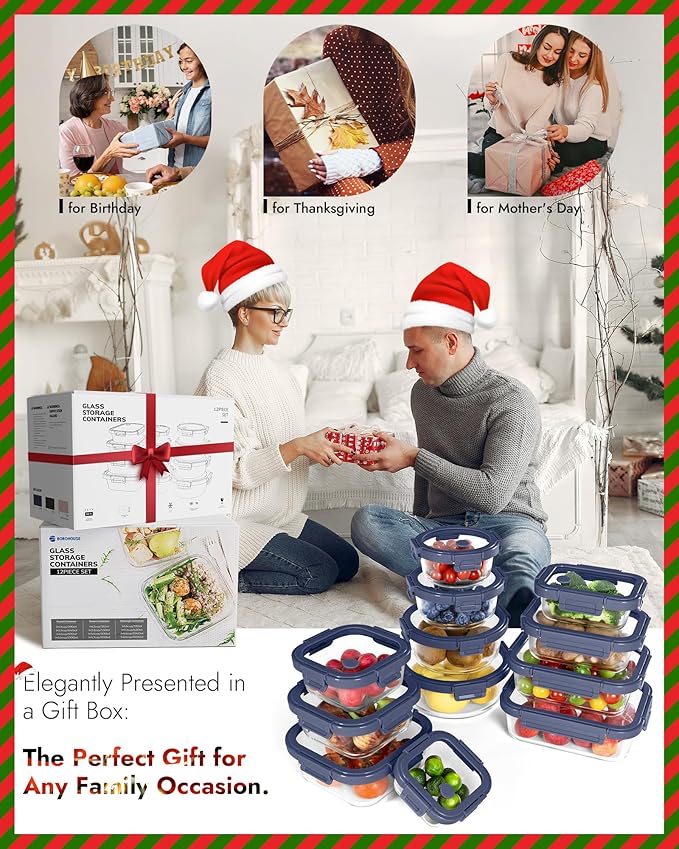 12-Pack Glass Containers with Tempered Lids – Borosilicate, Oven-Safe, Airtight, BPA-Free, Multi-Size for Meal Prep, Dishwasher Safe (Blue)