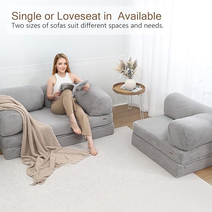 COMAX Folding Sofa Bed Single, Fold Out Chair Bed, Foldable Sofa Chair, Convertible Sleeper Futon for Adults, Floor Couch Mattress for Small Spaces Bedroom Living Room Guest Room, Faux Fur Grey