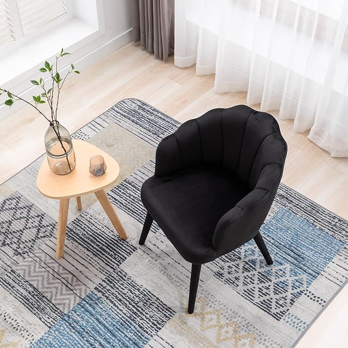 Velvet Dining Chairs Set of 2 Modern Living Room Chairs with Petal Back & Wood Legs Comfy Upholstered Side Chair for Dining Room/Bedroom/Vanity, Black