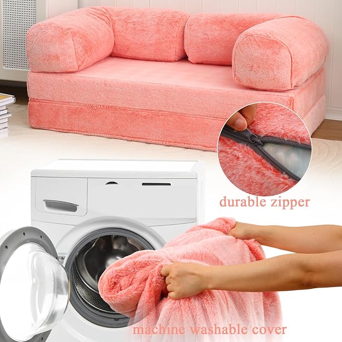 COMAX 4-in-1 Futon Sofa Bed, Queen Size Foldable Couch with L-Shaped Armrests, Convertible Sleeper Chair Bed, Comfortable Lounge Mattress for Living Room and Bedroom, Snow Orange