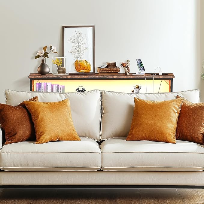 Tatub 39.4" Behind Couch Table with 2 Power Outlets and Led Light, Rustic Narrow Console Industrial 2 Tier Skinny Entryway Sofa Table with Metal Frame for Living Room