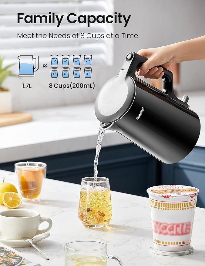 COMFEE' 1.7L Double Wall Electric Tea Kettle and Kettle Water Boiler, 100% Stainless Steel Interior & Lid & Spout, Two-Level Wide Open Lid, 1500W Fast Boiling, Auto-Off and Boil-Dry Protection
