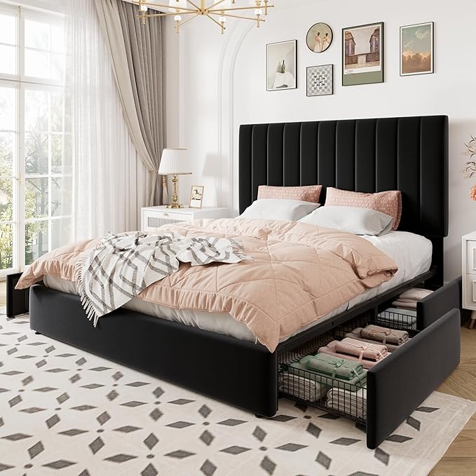 Allewie Full Size Storage Bed Frame, Vertical Channel Tufted Adjustable Headboard, Velvet Upholstered Platform Bed with 4 Oversized Underbed Drawers, Wooden Slats Support, No Box Spring Needed, Black
