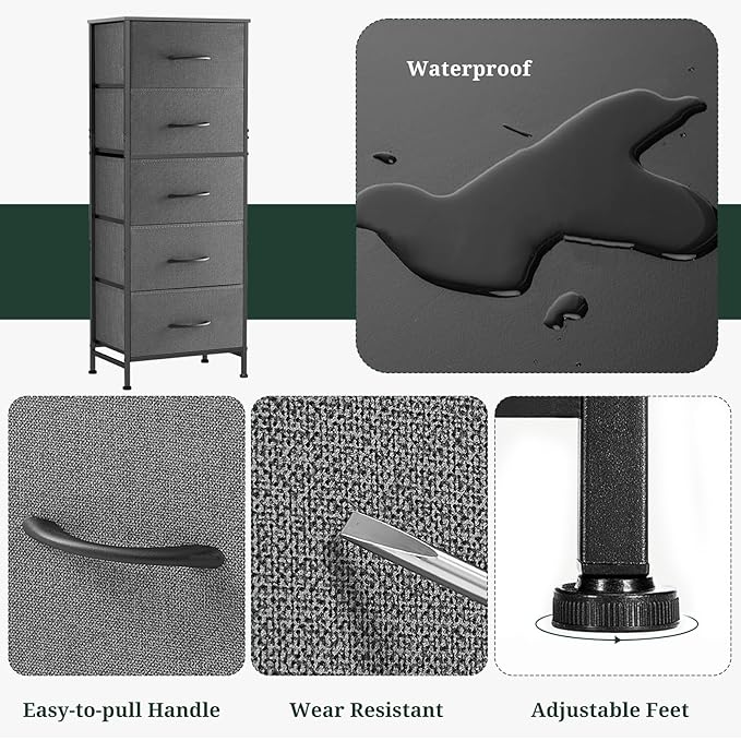 Nightstand, 5 Drawer Dresser End Table Bedside Furniture with Wooden Top Steel Frame Fabric Bins for Bedroom, Closet, Entryway, Dorm, Living Room, Gray