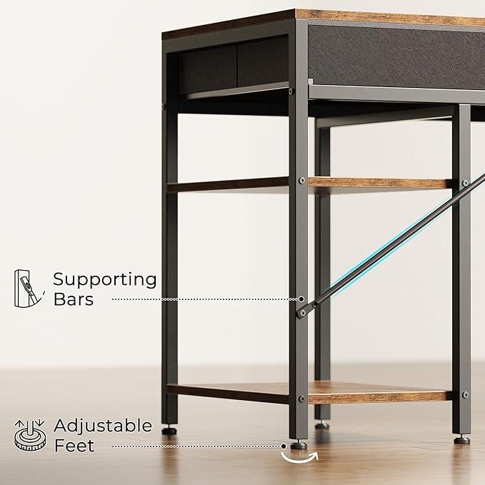 Huuger Computer Desk with 6 Drawers, 63 Inch Office Desk with Shelves, Reversible Gaming Desk, Corner Desk with Storage, for Home Office, Study, Living Room, Rustic Brown