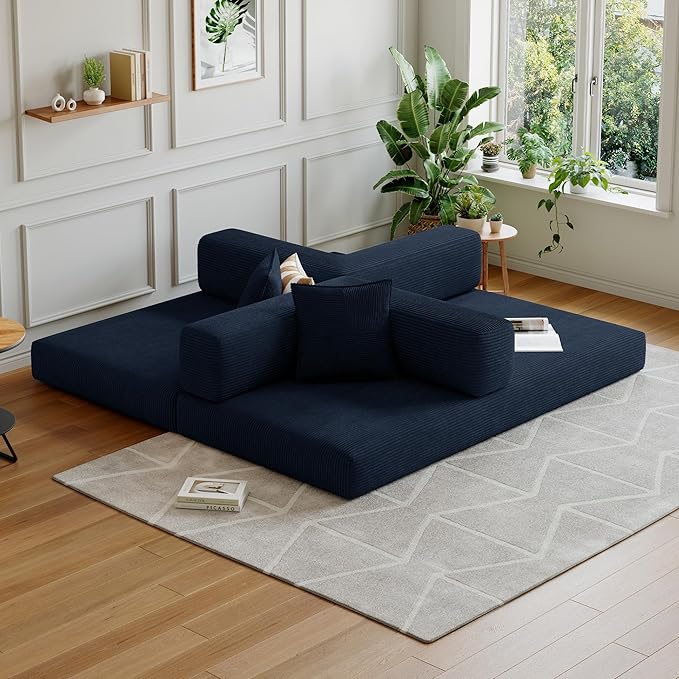 78.8''Convertible Sleeper Sofa Bed,Compressed Floor Boneless Couch,Modular Modern Corduroy Sofa for Living Room Bedroom -with Fixed-Shape Frame and Support Armrest,Easy Assembly(Dark Blue