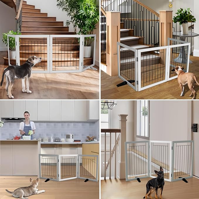 ZJSF Freestanding Dog Gate Indoor, Foldable Dog Fence for Doorways,Hallways or Stairs, Sturdy Wood Extra Wide Pet Gate with Support Feet,White,24 "Height-3 Panels