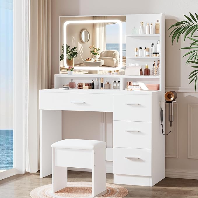 Small Makeup Vanity Stool,15.7" W x 10.2" D x 16.7" H,White(Easy Assembly,PU Cushion Mat, Footstool)