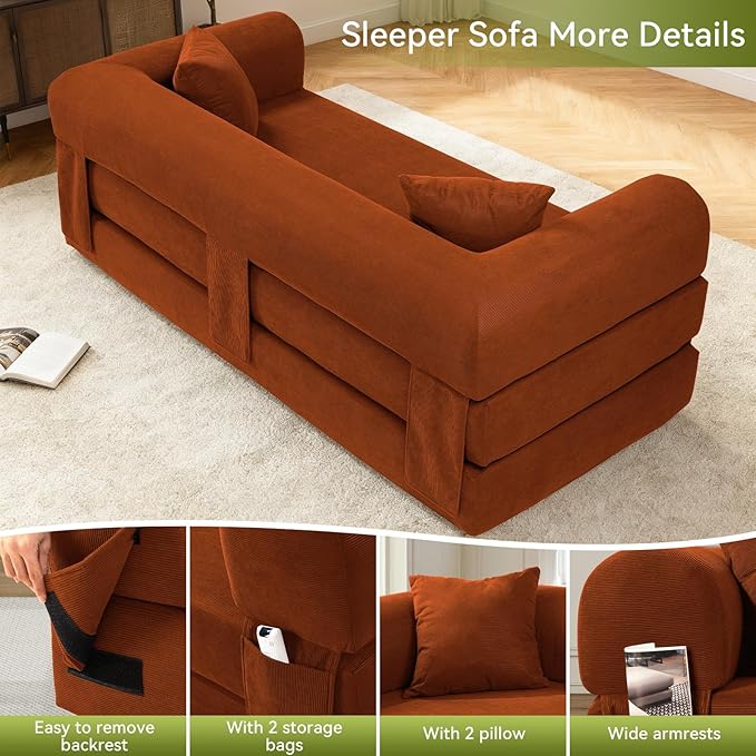 Convertible Folding Sofa Bed,80" Pull Out Couch with Pillows & Storage Pocket,Modular Futon Bed Corduroy Queen Sleeper Sofa in a Box,Compression Boneless Couch for Living Room,Orange