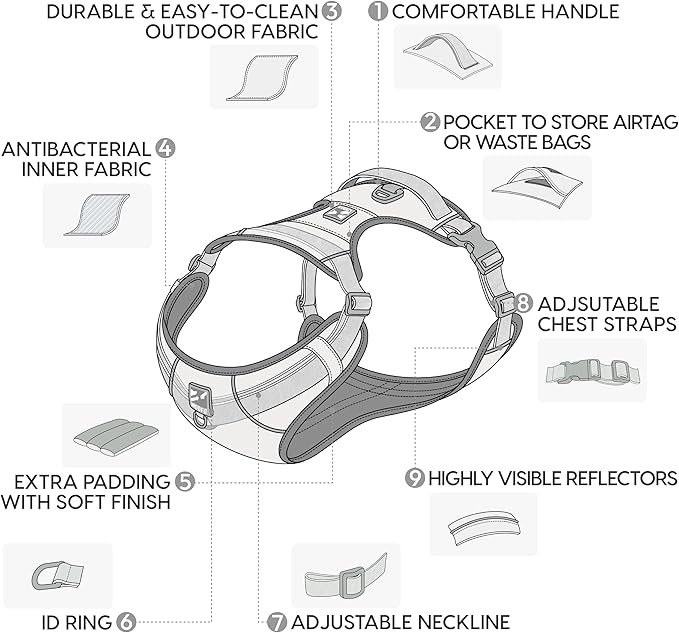 Core Dog Harness with Handle and Pocket, Sliver ion Inner Fabric, Wear-Resistant Shell Fabric, Reflective and Soft Padded (Mist Grey, Size Medium)