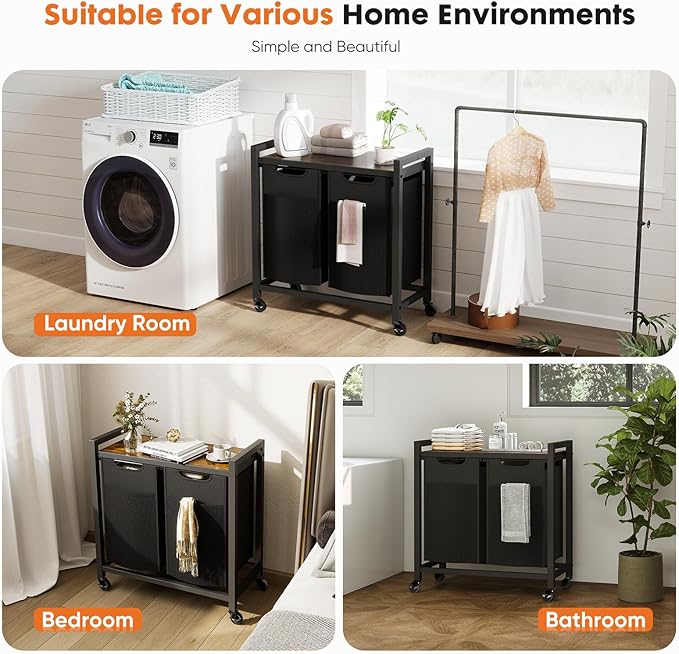 Sweetcrispy Laundry Hamper with 2 Pull-Out Removable Sorter Bags, Movable Wheels, Freestanding Clothes Basket Organizer in Bathroom, 2 × 13.1Gal (99L) Capacity, Rustic Brown and Black