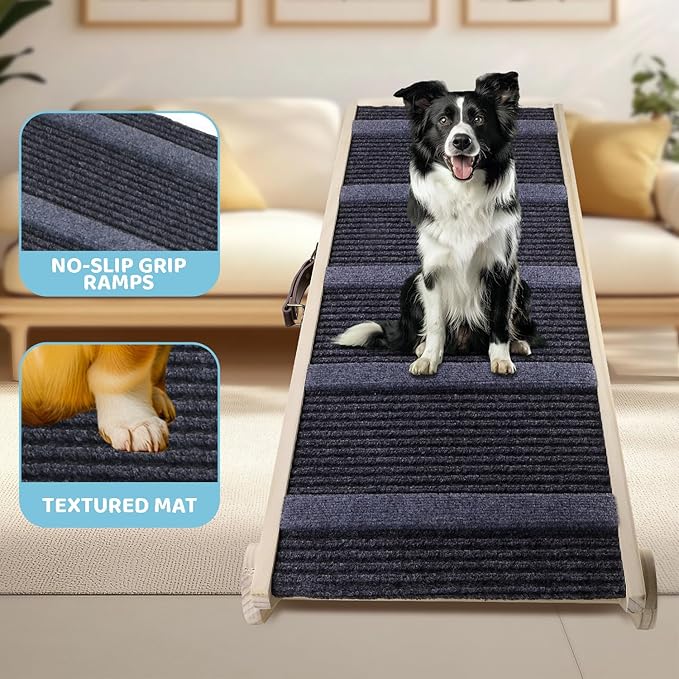 Dog Ramp for Bed, 6 Adjustable Height from 13.8" to 25.6", Folding Wooden Pet Ramp Suitable for Small and Medium-Sized Dogs - Non-Slip High Traction Dog Ramp for High Bed Couch and Car Up to 200lbs