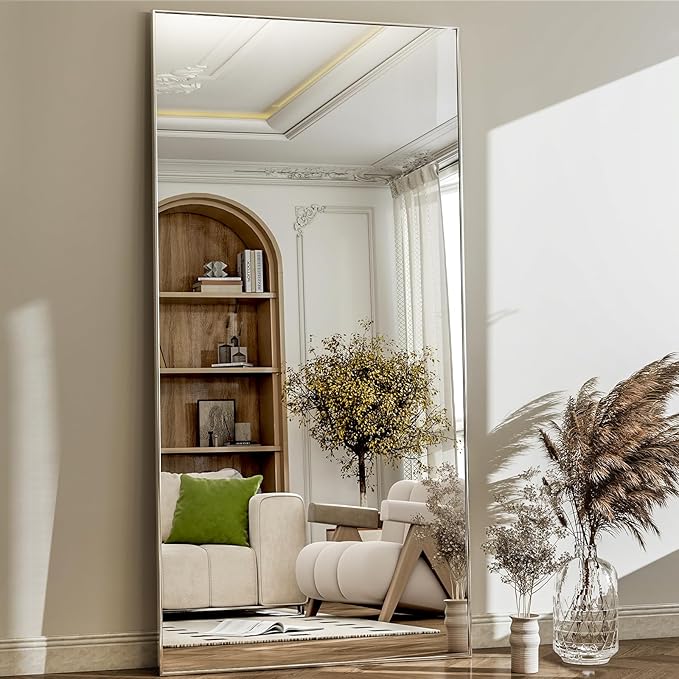 GLSLAND 71"x31" Full Length Mirror Extra Large Hanging or Leaning Rectangle Mirror Aluminum Alloy Thin Frame Bedroom Floor Dressing,Silver