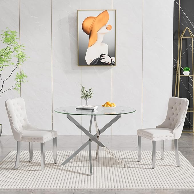 36" Round Glass Dining Room Table for 4 with Tempered Glass Top and Silver Chrome Metal Legs, Modern Clear Kitchen and Dinner Table for Home Office Dining Room