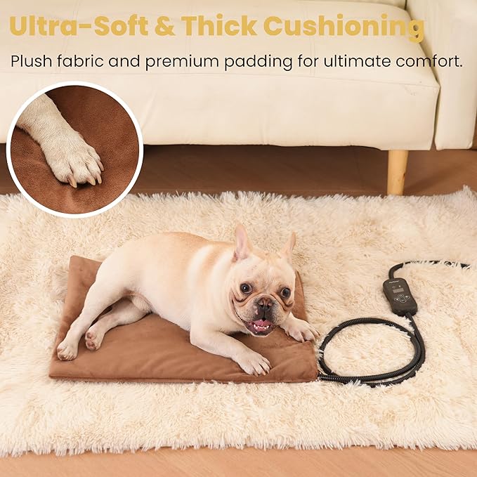 Upgraded Pet Heating Pad, 5 Adjustable Temperature & Timer, Warm Dog Cat Heating Pad, Auto Power-Off, Waterproof Chew-Resistant (M:20'' x 16'')