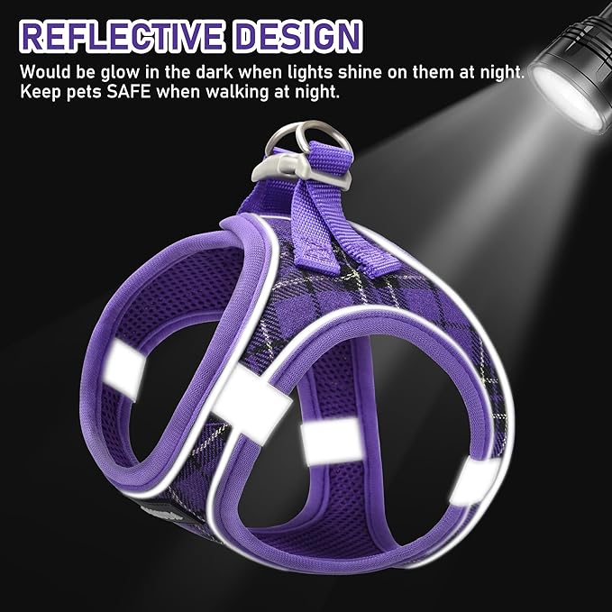GAMUDA Small Dog Harness Collar and Leash Set, Step in No Chock No Pull Soft Mesh Adjustable Dog Vest Harnesses Plaid Reflective for Dogs Puppy Cats Kitten Rabbit (Purple, L)