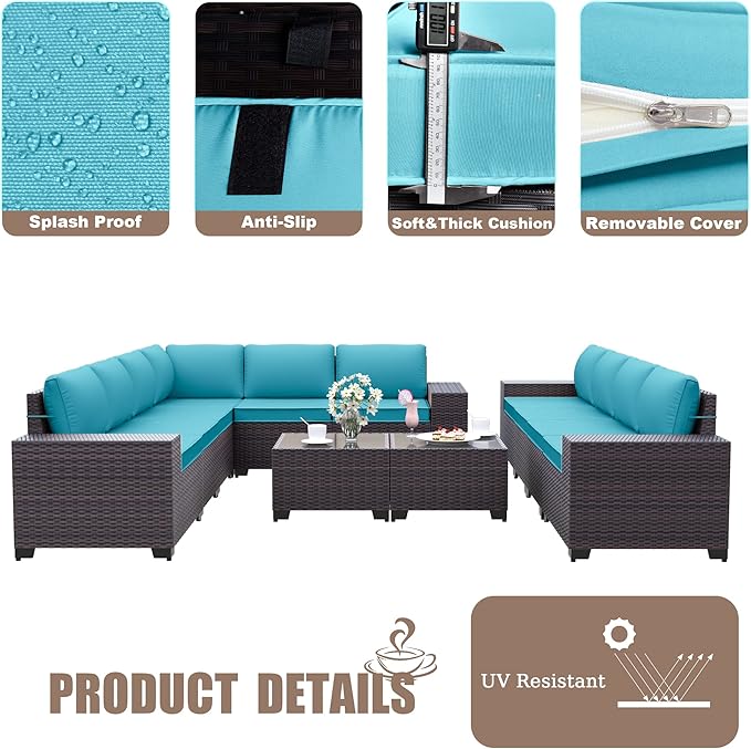 Kurapika 12 Pieces Patio Furniture Set, Rattan Wicker Outdoor Conversation Sets w/4 Inch Cushion and Glass Coffee Table(Blue)
