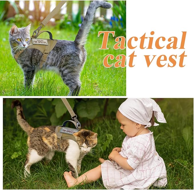 Tactical Cat Harness for Walking Escape Proof, Soft Mesh Adjustable Pet Vest Harness for Large Cat, Small Dog and Khaki (Khaki, Medium)