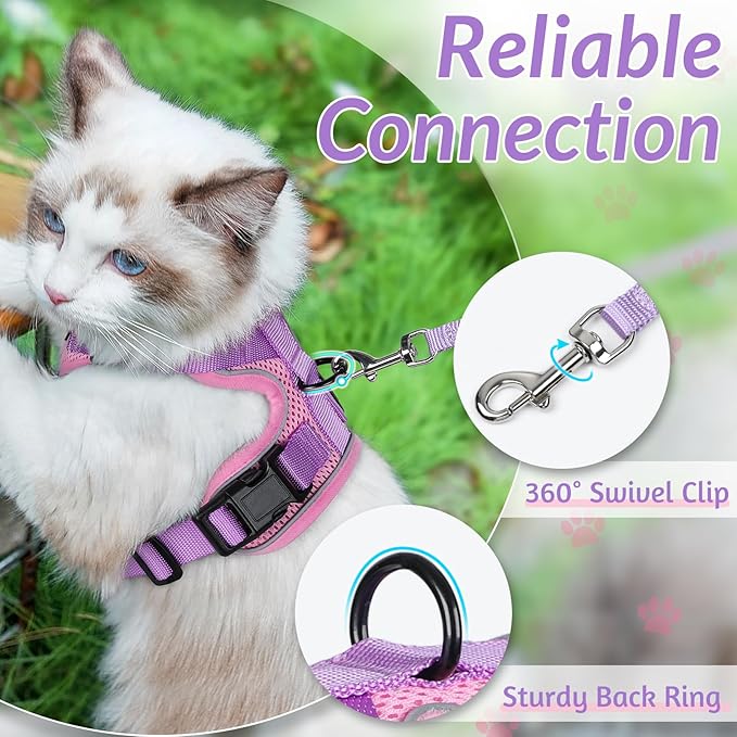 rabbitgoo Cat Harness and Leash for Walking, Escape Proof Soft Adjustable Vest Harnesses for Cats, Easy Control Breathable Reflective Strips Jacket, Pink & Purple, S