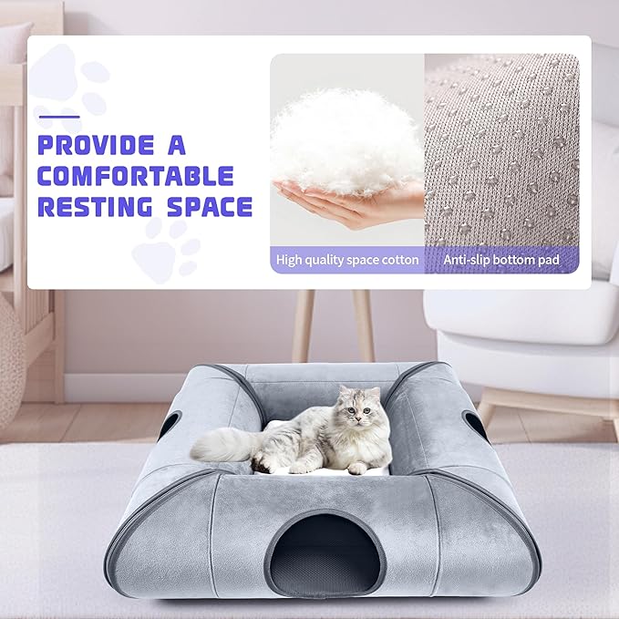 Indoor Cat Cave Bed, Sturdy and Scratch Resistant Removable Cat Tunnel Bed with Removable Soft Pad,Suitable for Small Cats (Gray)