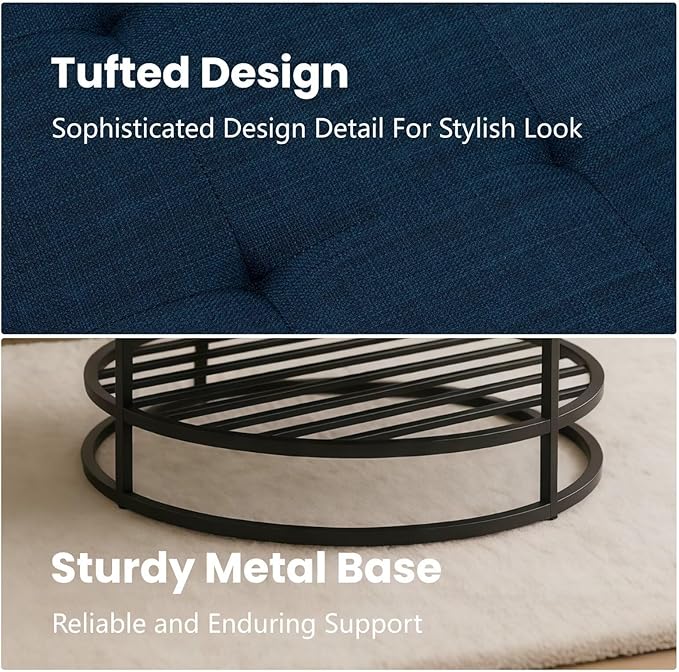 Ottoman Coffee Table with Upholstered Tufted Linen Fabric, Round Center Table with Storage Large Footrest Ottoman for Living Room Navy Blue