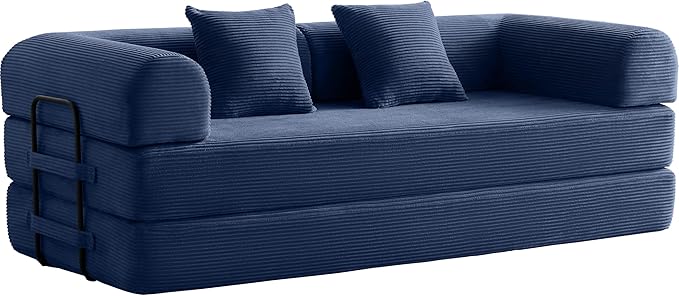 Convertible Sofa Bed with Cylindrical Pillow,Comfy Floor Sofa Bed Compressed Sofa in Box, Convertible Sofa Bed for Living Room Bedroom Lounge Studio, Comfy High Density Foam Mattress(Navy Blue)