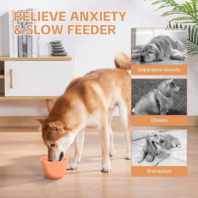 Dog Lick Bowl, Anxiety Relief Silicone Slow Feeder Treat Dispenser, Anti-chocking Pet Dish, Non-Slip Licking Bowl Interactive Entertainment Dog Puzzle Toy for Small & Medium-Light Orange