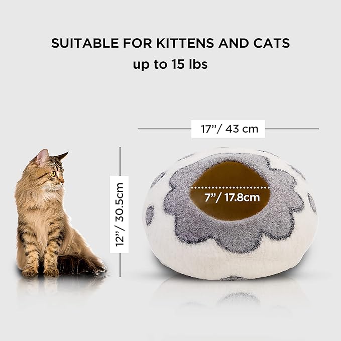 Woolygon Premium Felt Cat Cave Bed β Wool Kitty Beds Handcrafted Kitten Caves Bed for Indoor Cats - Made from 100% Eco-Friendly Merino Wool, Foldable Cat Hidewawy Covered Cat House Pod (Flower Collar)