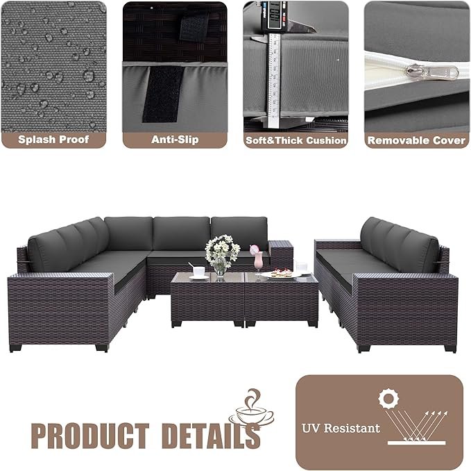 Kurapika 12 Pieces Patio Furniture Set, Rattan Wicker Outdoor Conversation Sets w/4 Inch Cushion and Glass Coffee Table(Grey)