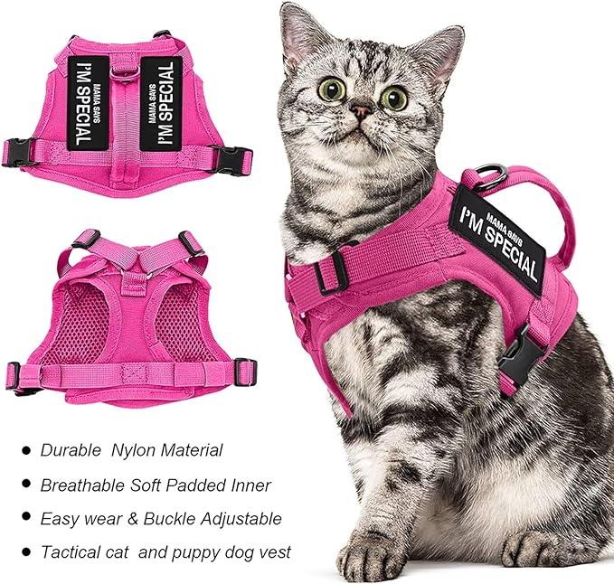 Forestpaw Cat Harness Escape Proof for Walking,Adjustable Cat Vest Harness with Soft Mesh Padded,Tactical Cat Harness with Control Handle,Molle Patches,Hot Pink