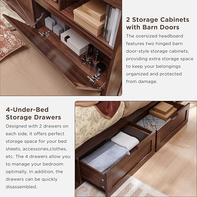 ACCOHOHO Queen Bed Frame with 52" Tall Headboard and 4 Drawers,LED Light,Charging Station,Solid Wood Slats Support,No Box Spring Needed,Brown