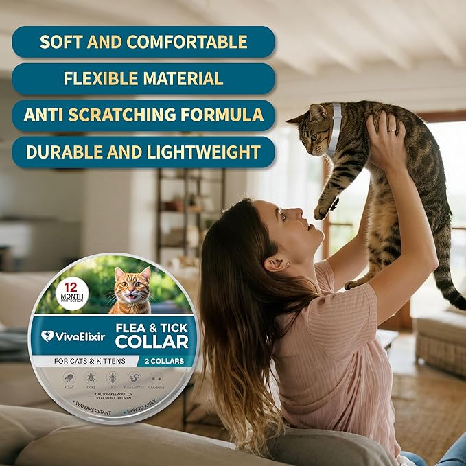 Flea and Tick Collar for Cats – 12-Month Protection – Adjustable & Waterproof – Safe, Long-Lasting Repellent for Fleas, Ticks, Lice & Mosquitoes – Fits Small, Medium & Large Cats 2pack