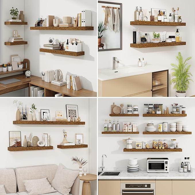 fuqing Floating Shelves for Wall, Wall Mounted Wood Floating Shelf with Invisible Brackets for Living Room, Bathroom, Bedroom, Kitchen Storage and Decor, 55 Inch Set of 2, Rustic Brown
