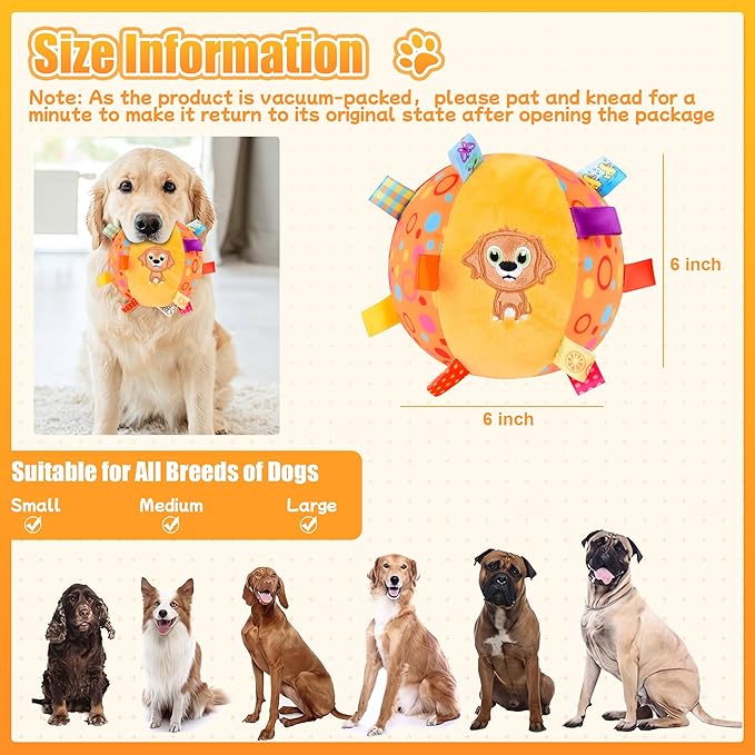 Dog Squeak Ball Toys with Tags, Interactive Dog Toys, Soft Stuffed Puppy Toys with Built-in Bell, Dog Chew Toys to Keep Them Busy for Small Medium Large Dogs - 6 Inches