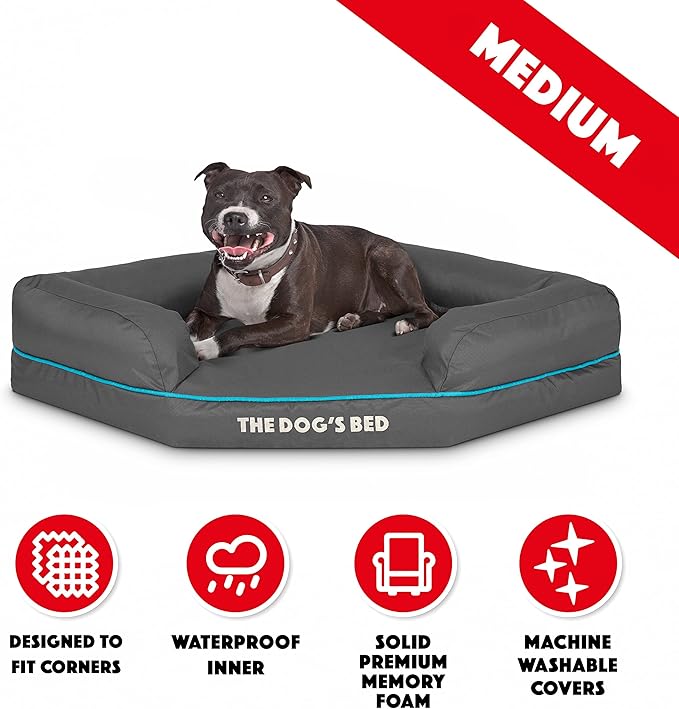 The Dog’s Bed Memory Foam Waterproof Corner Dog Bed, Medium, Grey & Blue Trim, Eases Arthritis & Hip Dysplasia Pain, Therapeutic & Supportive, Washable Oxford Fabric Cover