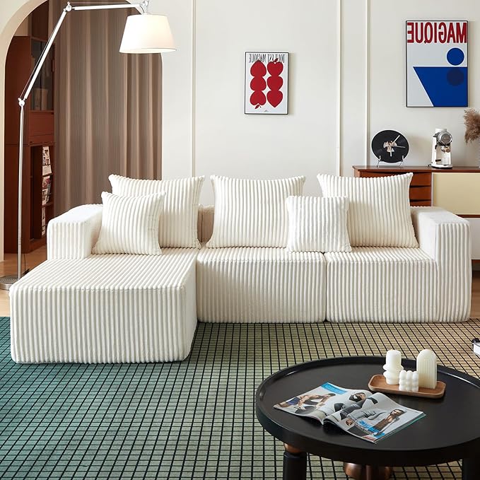 102" Sectional Couches for Living Room,Boneless Cloud Couch,L-Shaped Sofa with Oversized Deep Seat,Comfy Couch for Bedroom,Compressed Sofa in a Box,No Assembly Required(Corduroy,Beige)