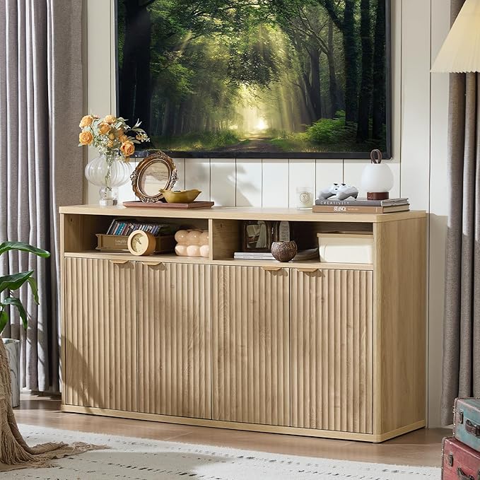 LEYAOYAO Fluted Buffet Cabinet with Storage, 55" Wide Wood Sideboard Credenza with 4 Doors & Open Storage Shelf, Kitchen Entryway Accent Table, Modern Console Cabinets for Dining Room, Natural Oak