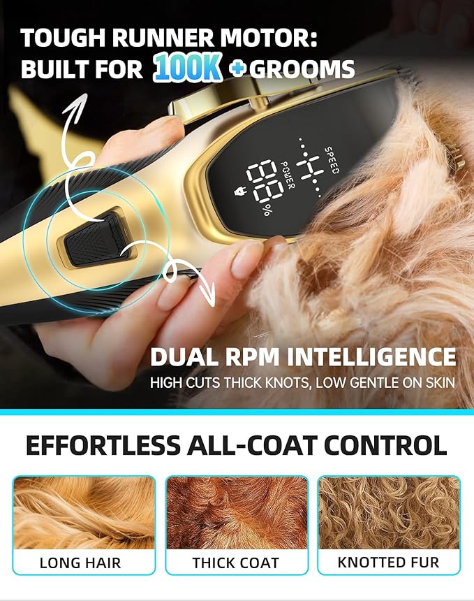Dog Grooming Kit Low Noise,Cordless 4 in 1 Dog Clippers for Grooming Rechargeable Pet Cat Hair Trimmer with 2 Speed,6 Guards,Scissors,Comb for Small Medium Large Pets Dogs Cats Hair Cutting Gold
