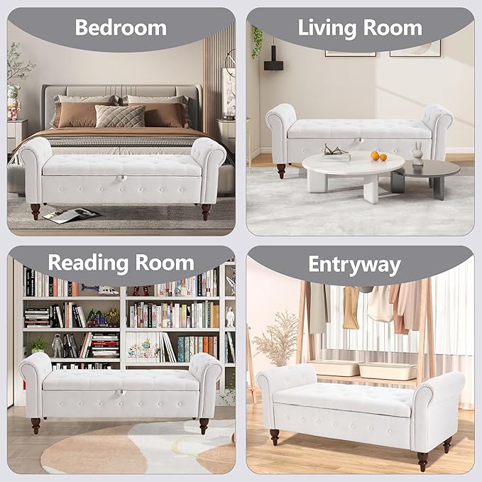 GNIXUU 63" End of Bed Storage Bench for Bedroom, Upholstered Ottoman Seat with Storage for Living Room, Window, Entryway, Beige White Velvet