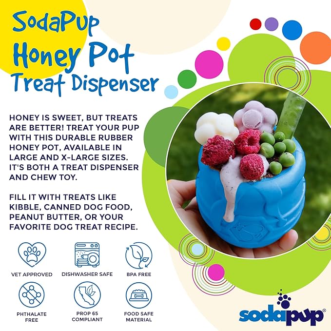 SodaPup Honey Pot – Durable Dog Treat Dispenser & Enrichment Toy Made in USA from Non-Toxic, Pet Safe, Food Safe Natural Rubber Material for Mental Stimulation, Problem Chewing, Calming Nerves, & More