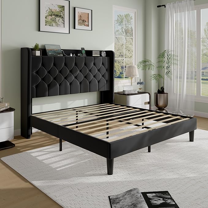 SHA CERLIN Queen Size Platform Bed Frame with Charging Station, Velvet Wingback Headboard with Storage Shelf, Wooden Slats Support, Ample Under-Bed Space, No Box Spring Needed, Easy Assembly, Black