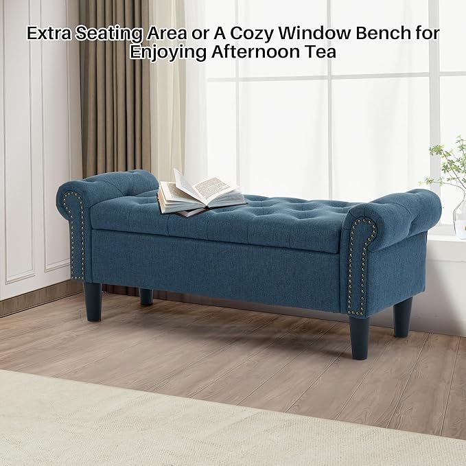 Storage Bench, 50" Queen End of Bed Bench, Linen Tufted Button Upholstered Bedroom Bench, Storage Ottoman with Rolled Arms, Window Bench with Storage, for Living Room, Entryway Dark Blue