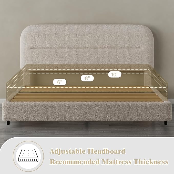 HOMBCK King Size Bed Frame, Upholstered Boucle Bed Frame King with Headboard, Soft Cloud Bed Frames with Thickened Footboard, Rounded Corners, No Box Spring Required, Easy Assembly, Cream