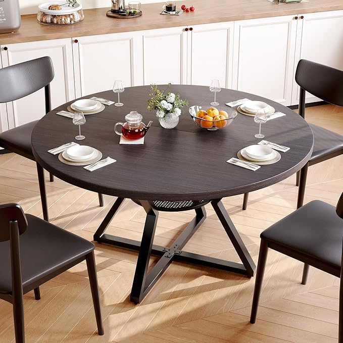 Concho 47" Round Kitchen Dining Room Table for 4-6 Circle Dining Dinner Table with Pedestal Metal Frame,Space Saving Wood Kitchen & Dining Room Furniture, Deep Grey