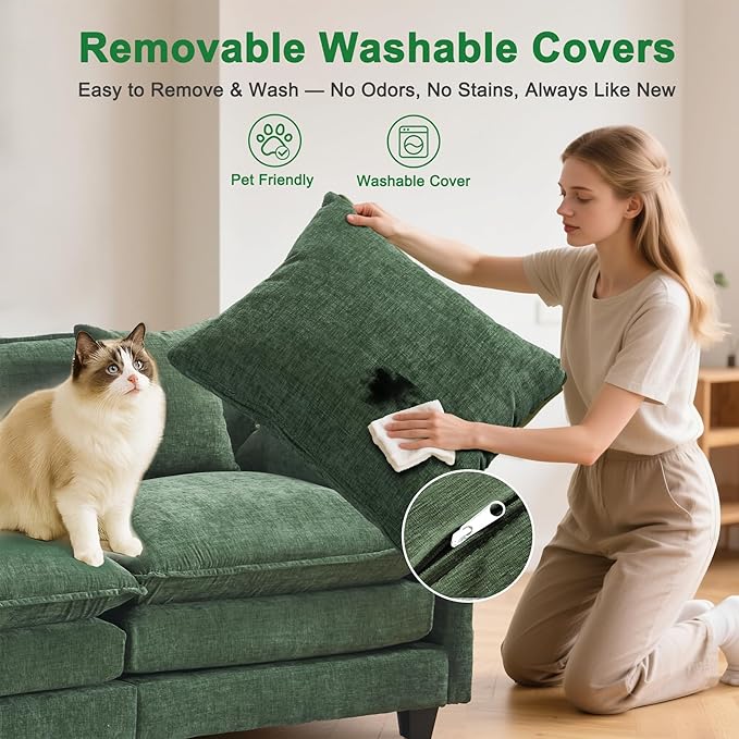 Cloud Chenille Sectional Sofa with 2 Ottoman|Modular Couch|FSC Solid Wood Frame|29.1" Deep Seat|Easy Assembly & 1YR Guarantee (Green, 77 Inch(U))