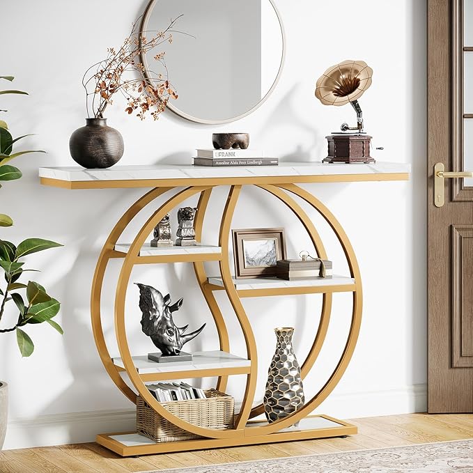 Tribesigns 47.24" Industrial Console Table, 5-Tier Entryway Table with Adjustable Feet, Narrow Long Sofa Table with Storage Shelves for Living Room, Hallway, Behind Couch, Anti-Tip Design (White Gold)