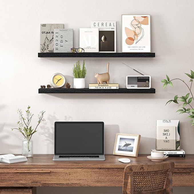 Heimlove Floating Shelves for Wall 32 Inch,Mounted Storage Wood Shelves with Invisible Brackets Hanging Shelf for Bedroom Living Room Kitchen Office,Set of 2,Black