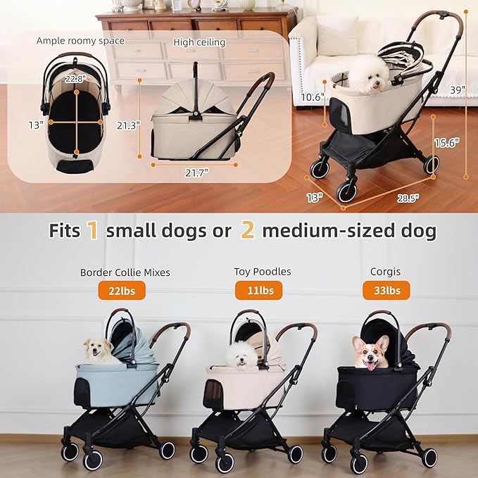 Pet Stroller for Small Dogs & Cats – Gravity Foldable 3 in 1 Dog Stroller with Lightweight Removable Carrier Holds up to 44 lbs & 180° Canopy with Storage Basket