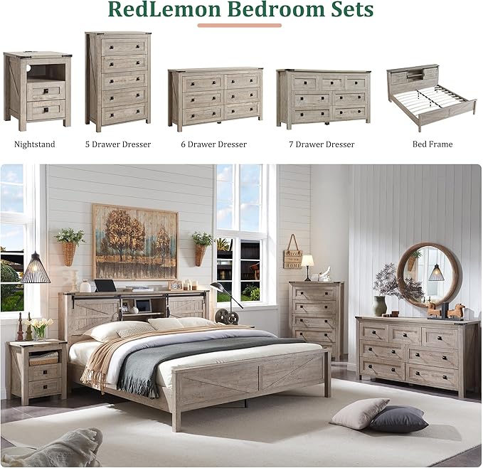 RedLemon Farmhouse King Size Bed Frame with Bookcase Headboard & Sliding Barn Door, Storage Shelves, Charging Station, Wood Slats Support, No Box Spring Needed, Light Rustic Oak